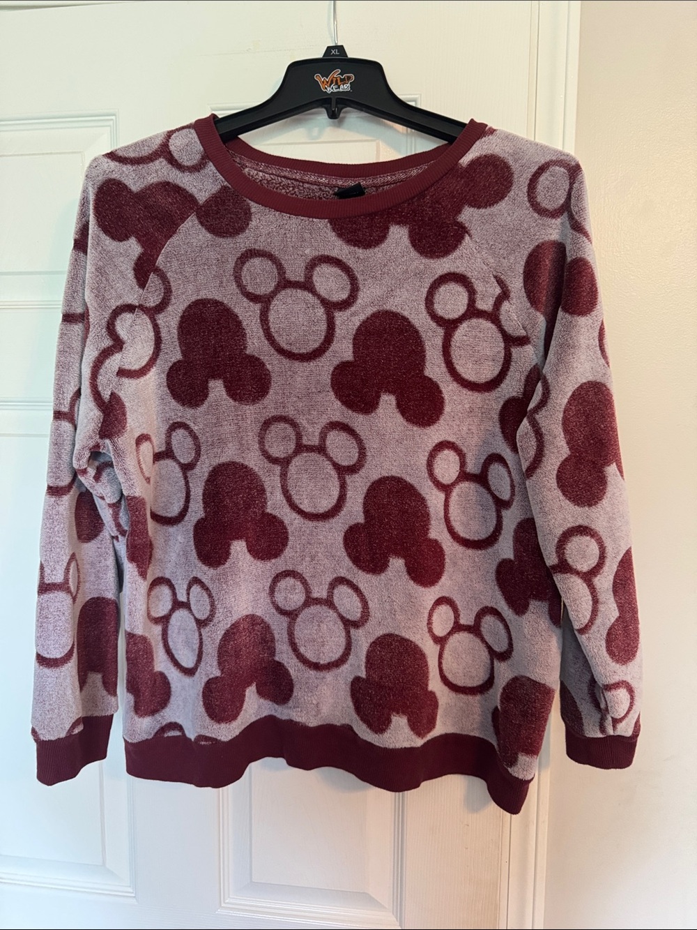 Disney Maroon and Light Pink Mickey Head Pattern Crewneck Sweater